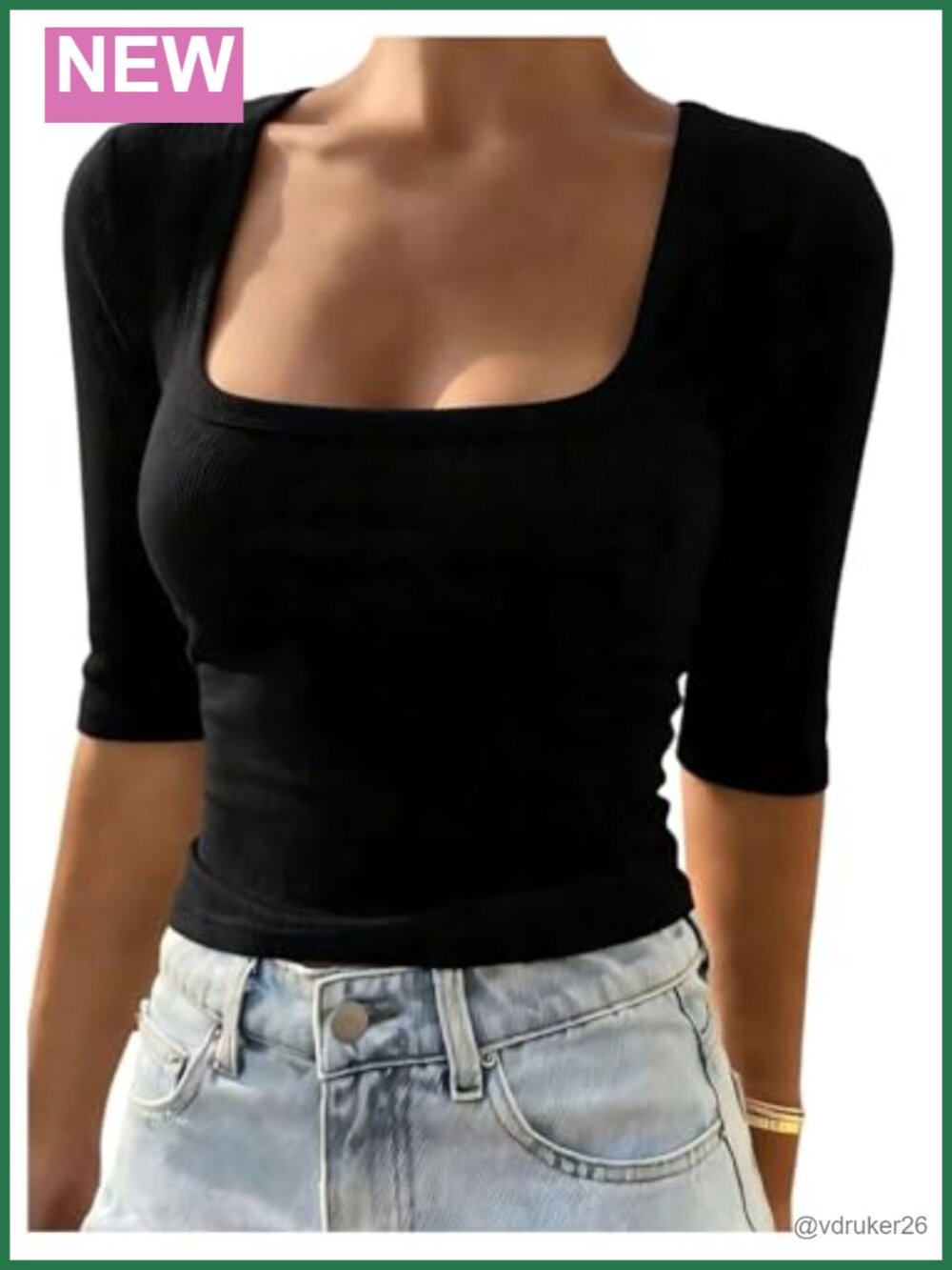 Women's Square Neck Ribbed Knit Half Sleeve Top Work Office T-Shirt